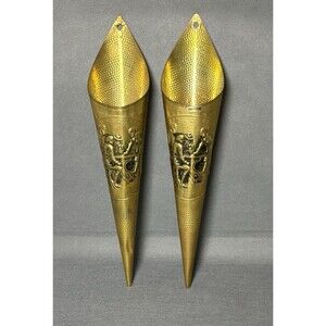 Vintage Brass Wall Mount Match Stick Holder Cone Embossed Pub Scene-Set 2